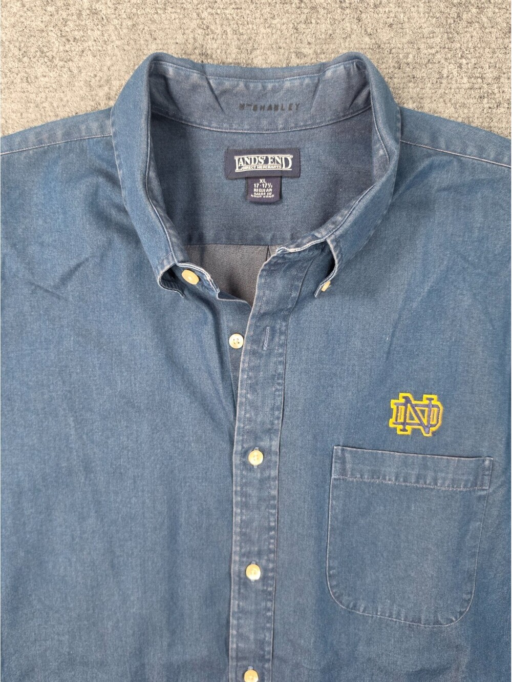 Notre Dame Fighting Irish Lands End XL Chambray Shirt Denim Blue Embroidered